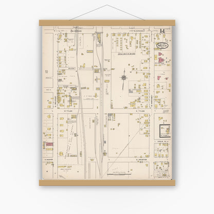 Old map wall art mockup — magnetic wood frame on white wall — Sanborn Fire Insurance Map from Mexia, Limestone County, Texas (1922), Sheet #0014