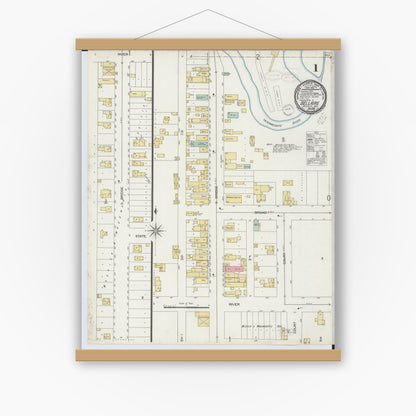 Old map wall art mockup — magnetic wood frame on white wall — Sanborn Fire Insurance Map from Bellaire, Antrim County, Michigan (1898), Sheet #0001