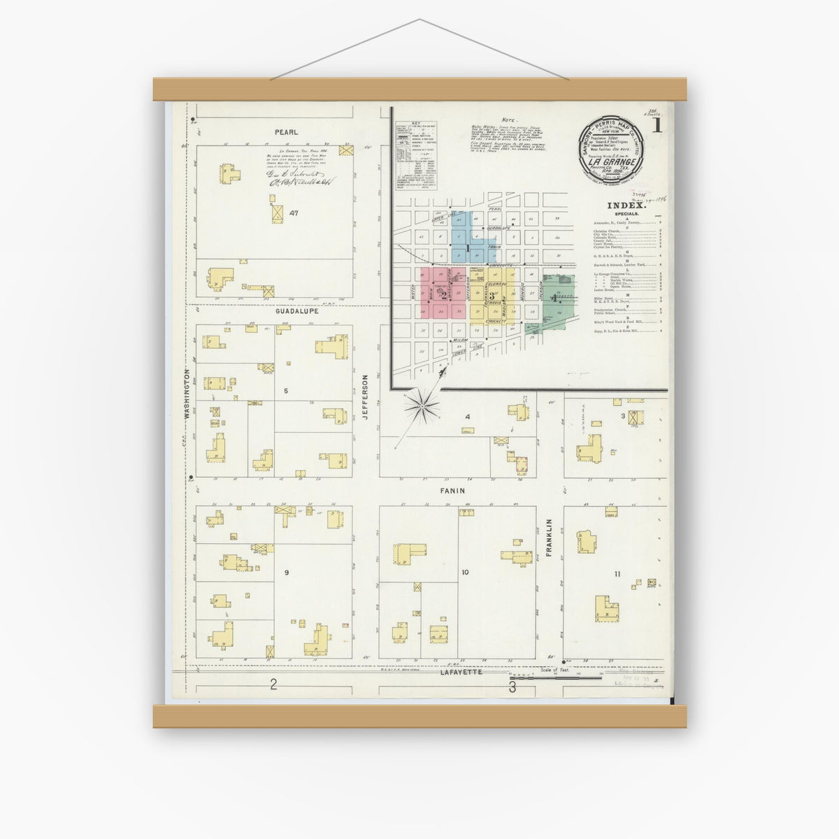 Old map wall art mockup — magnetic wood frame on white wall — Sanborn Fire Insurance Map from La Grange, Fayette County, Texas (1896) - Complete Map Set