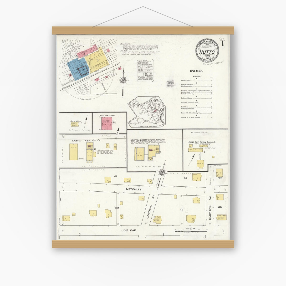 Old map wall art mockup — magnetic wood frame on white wall — Sanborn Fire Insurance Map from Hutto, Williamson County, Texas (1921) - Complete Map Set