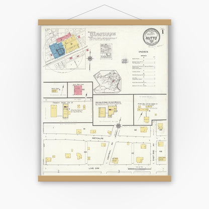 Old map wall art mockup — magnetic wood frame on white wall — Sanborn Fire Insurance Map from Hutto, Williamson County, Texas (1921) - Complete Map Set