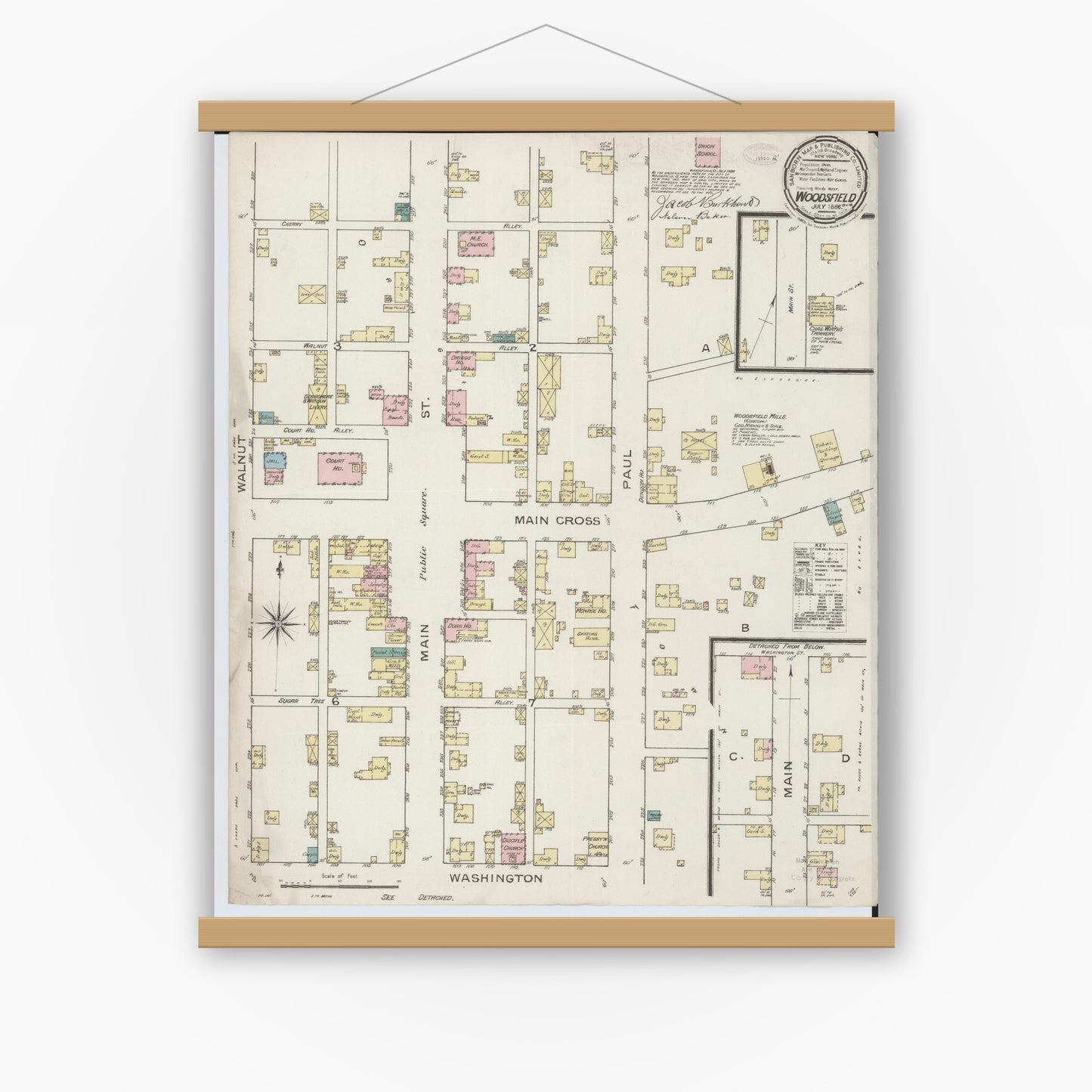 Old map wall art mockup — magnetic wood frame on white wall — Sanborn Fire Insurance Map from Woodsfield, Monroe County, Ohio (1886), Sheet #0001