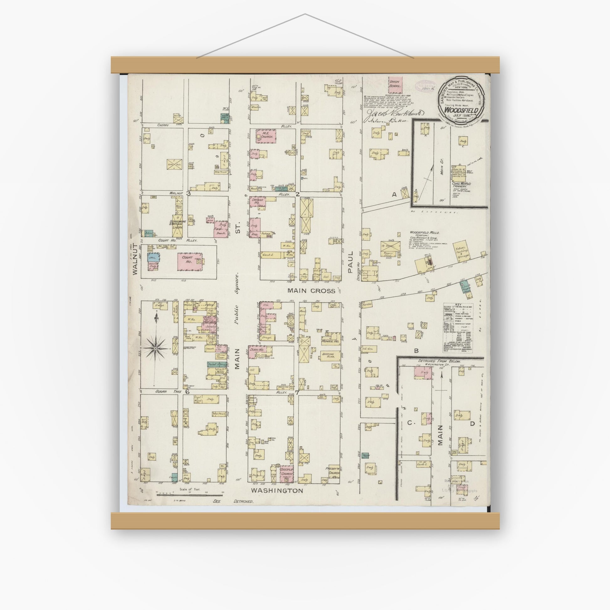 Old map wall art mockup — magnetic wood frame on white wall — Sanborn Fire Insurance Map from Woodsfield, Monroe County, Ohio (1886), Sheet #0001