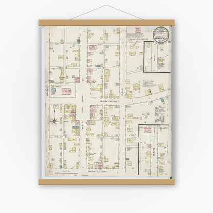 Old map wall art mockup — magnetic wood frame on white wall — Sanborn Fire Insurance Map from Woodsfield, Monroe County, Ohio (1886), Sheet #0001