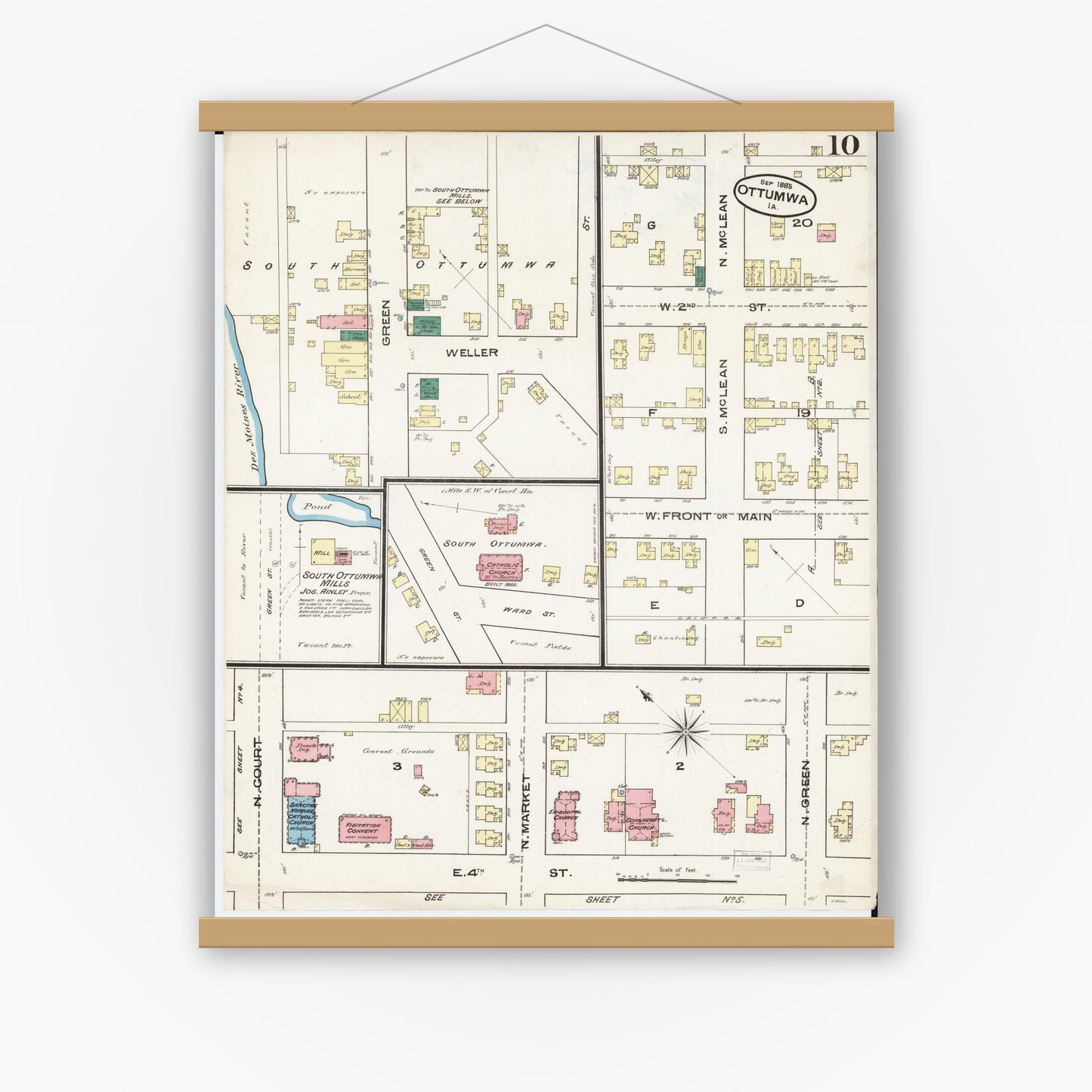 Old map wall art mockup — magnetic wood frame on white wall — Sanborn Fire Insurance Map from Ottumwa, Wapello County, Iowa (1885), Sheet #0010