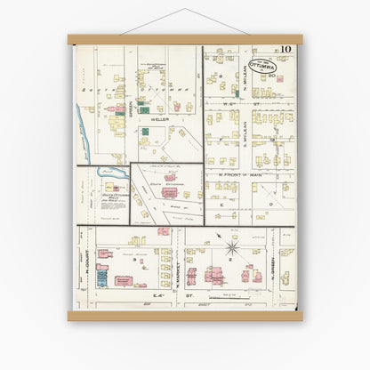 Old map wall art mockup — magnetic wood frame on white wall — Sanborn Fire Insurance Map from Ottumwa, Wapello County, Iowa (1885), Sheet #0010