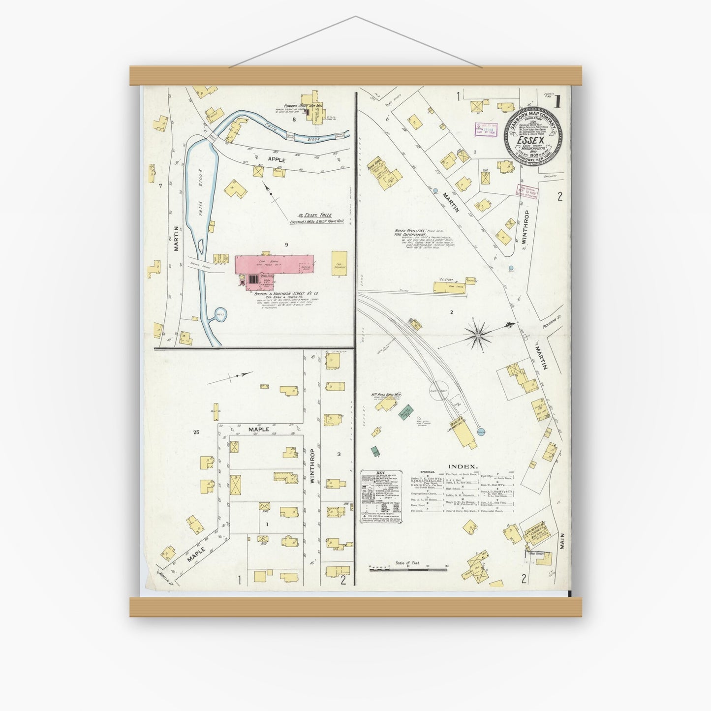 Old map wall art mockup — magnetic wood frame on white wall — Sanborn Fire Insurance Map from Essex, Essex County, Massachusetts (1909), Sheet #0001