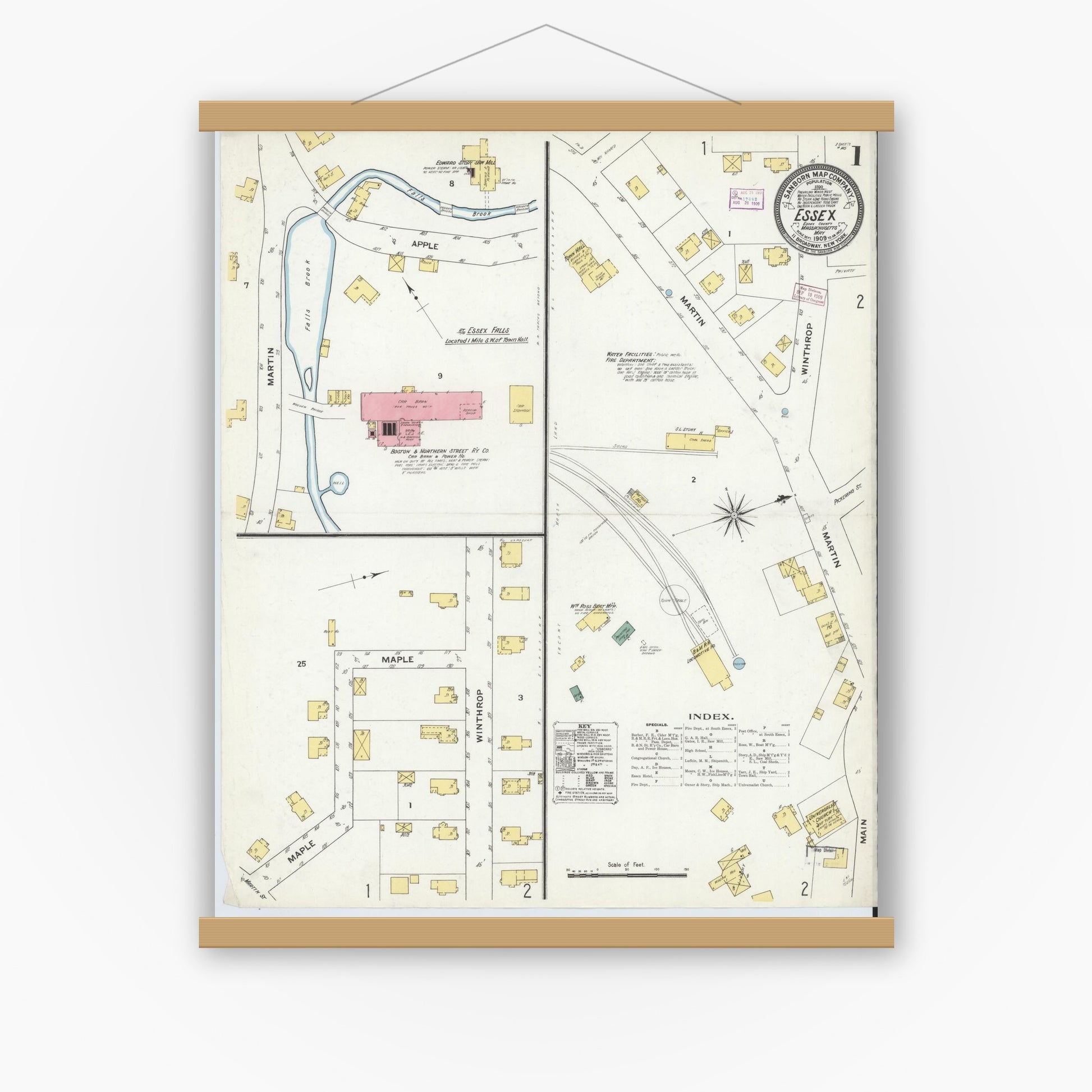 Old map wall art mockup — magnetic wood frame on white wall — Sanborn Fire Insurance Map from Essex, Essex County, Massachusetts (1909), Sheet #0001