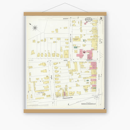 Old map wall art mockup — magnetic wood frame on white wall — Sanborn Fire Insurance Map from Freehold, Monmouth County, New Jersey (1909), Sheet #0003
