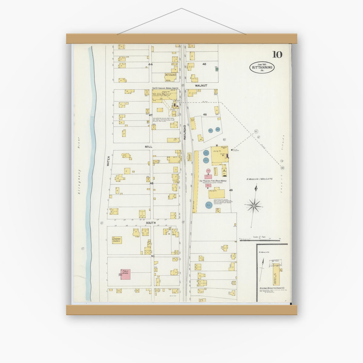Old map wall art mockup — magnetic wood frame on white wall — Sanborn Fire Insurance Map from Kittanning, Armstrong County, Pennsylvania (1903), Sheet #0010