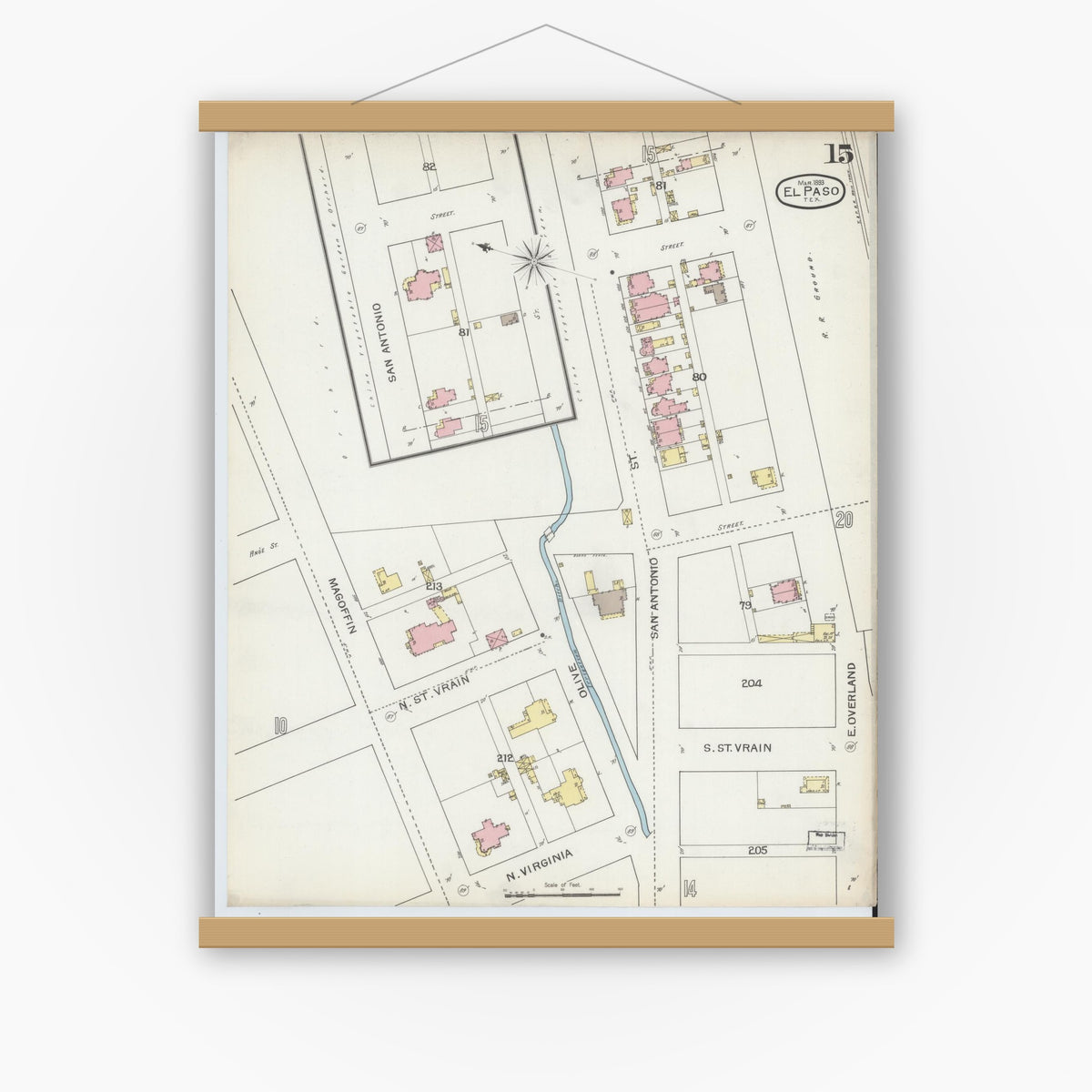 Old map wall art mockup — magnetic wood frame on white wall — Sanborn Fire Insurance Map from El Paso, El Paso County, Texas (1893), Sheet #0015
