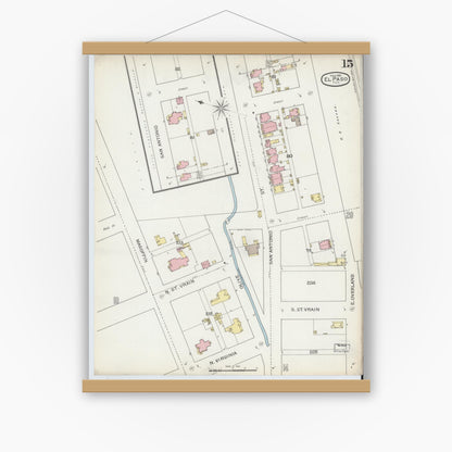 Old map wall art mockup — magnetic wood frame on white wall — Sanborn Fire Insurance Map from El Paso, El Paso County, Texas (1893), Sheet #0015