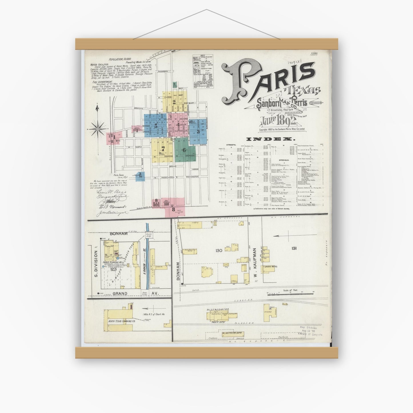 Old map wall art mockup — magnetic wood frame on white wall — Sanborn Fire Insurance Map from Paris, Lamar County, Texas (1892) - Complete Map Set