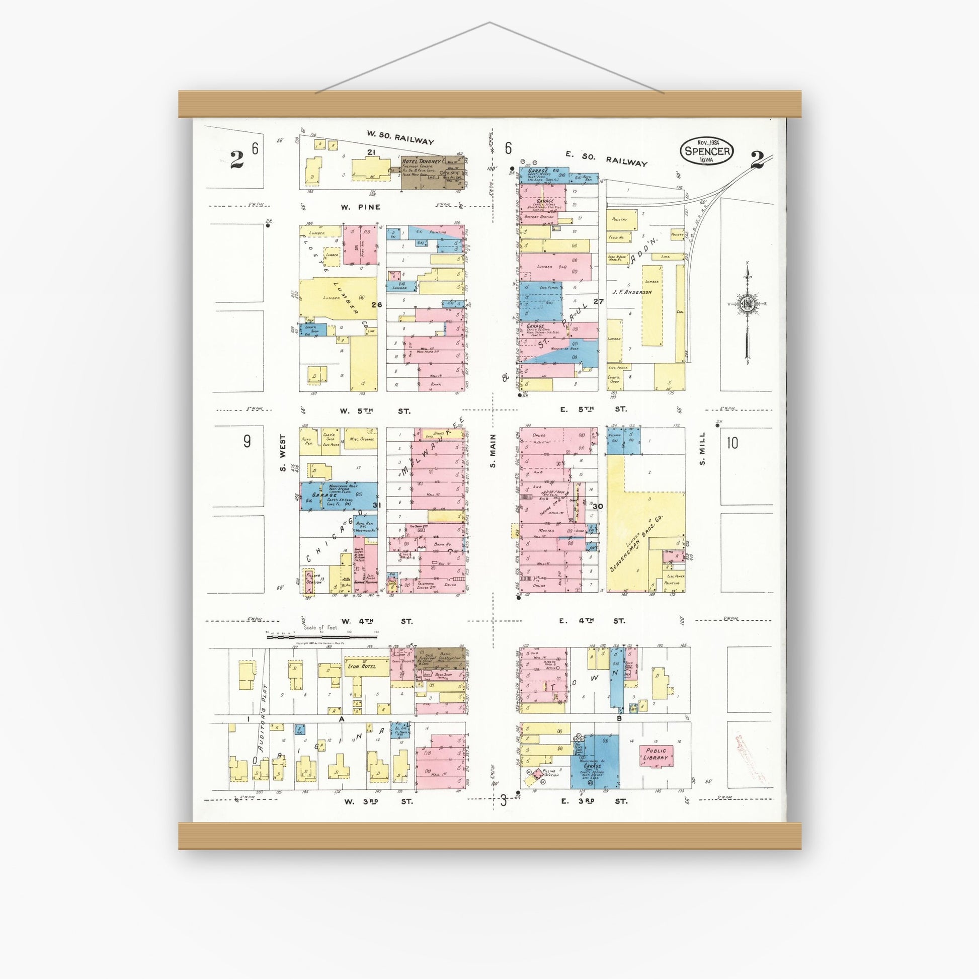 Old map wall art mockup — magnetic wood frame on white wall — Sanborn Fire Insurance Map from Spencer, Clay County, Iowa (1924), Sheet #0002