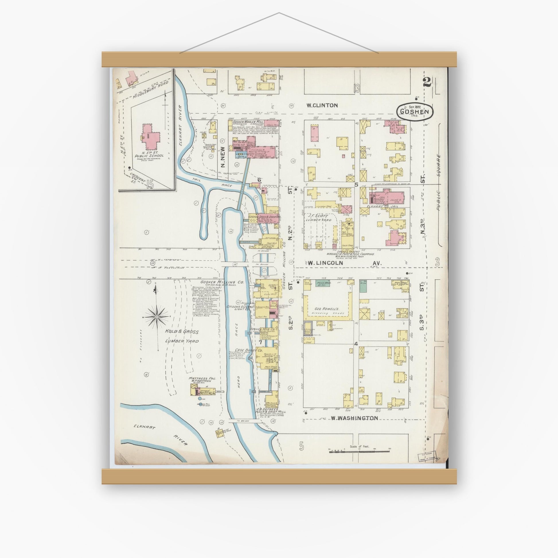 Old map wall art mockup — magnetic wood frame on white wall — Sanborn Fire Insurance Map from Goshen, Elkhart County, Indiana (1892), Sheet #0002