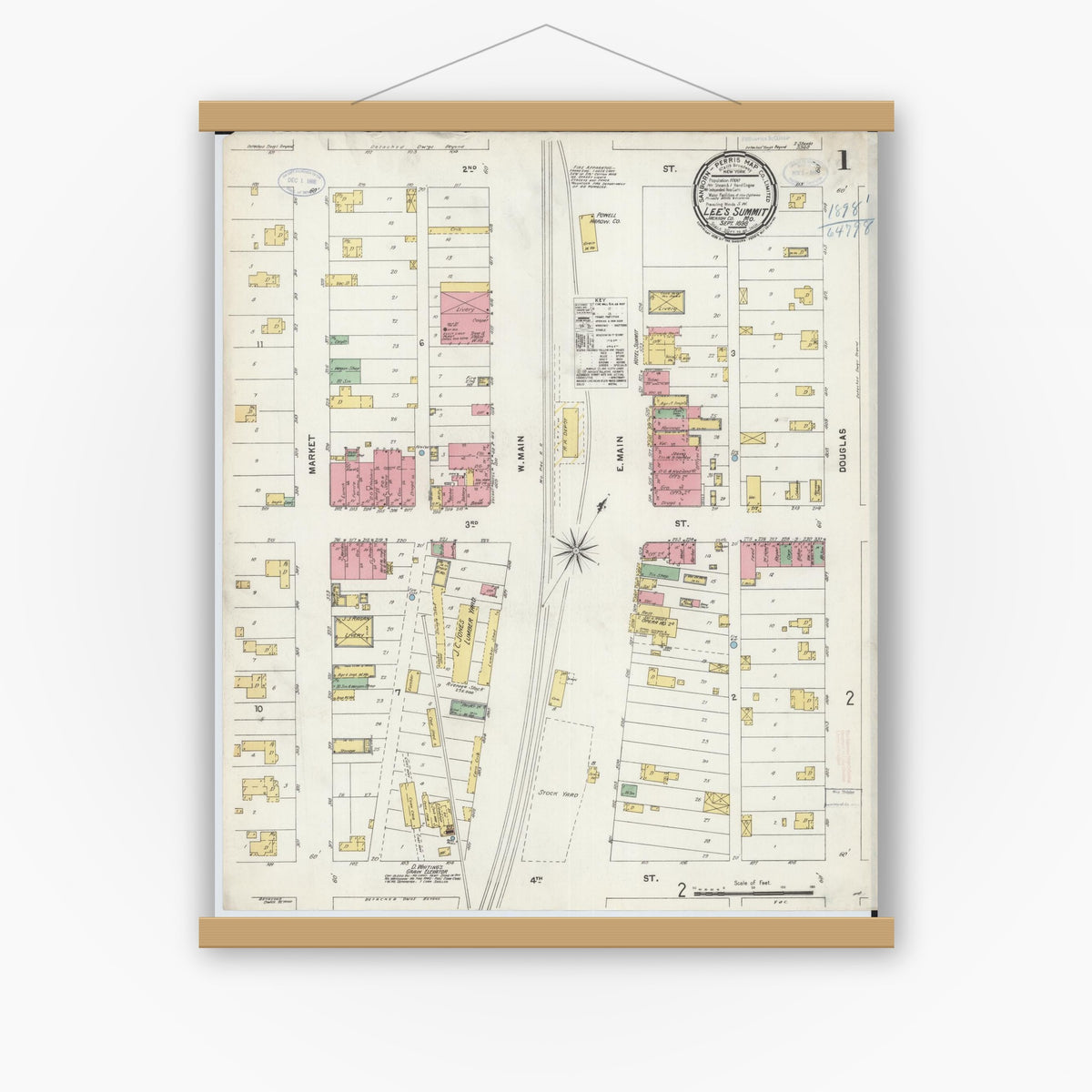 Old map wall art mockup — magnetic wood frame on white wall — Sanborn Fire Insurance Map from Lee's Summit, Jackson County, Missouri (1898) - Complete Map Set