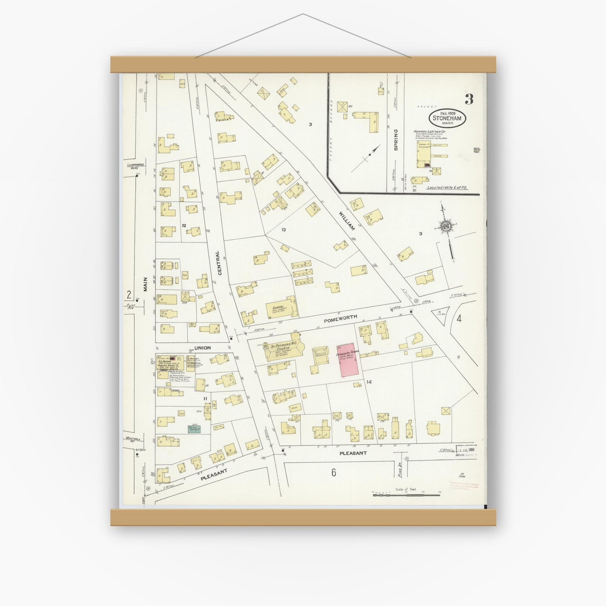 Old map wall art mockup — magnetic wood frame on white wall — Sanborn Fire Insurance Map from Stoneham, Middlesex County, Massachusetts (1909), Sheet #0003