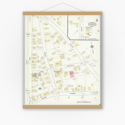 Old map wall art mockup — magnetic wood frame on white wall — Sanborn Fire Insurance Map from Stoneham, Middlesex County, Massachusetts (1909), Sheet #0003