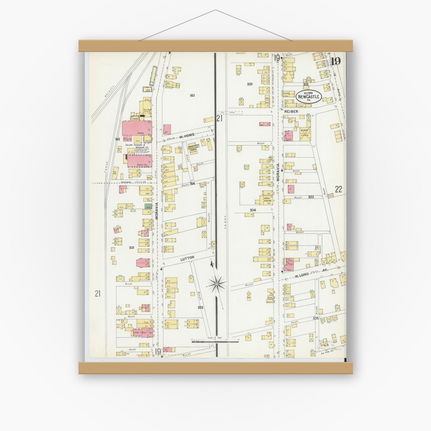 Old map wall art mockup — magnetic wood frame on white wall — Sanborn Fire Insurance Map from New Castle, Lawrence County, Pennsylvania (1899), Sheet #0019