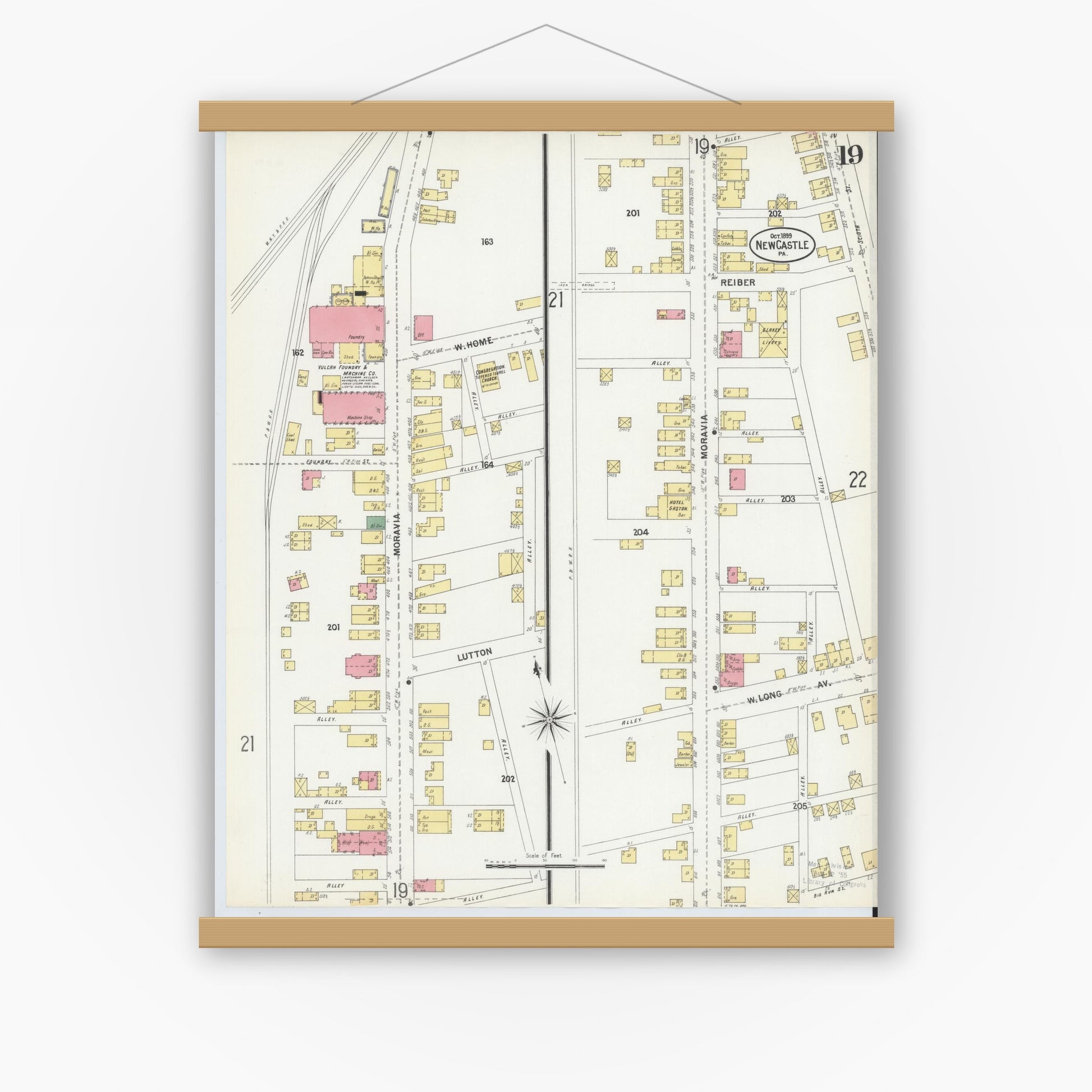 Old map wall art mockup — magnetic wood frame on white wall — Sanborn Fire Insurance Map from New Castle, Lawrence County, Pennsylvania (1899), Sheet #0019