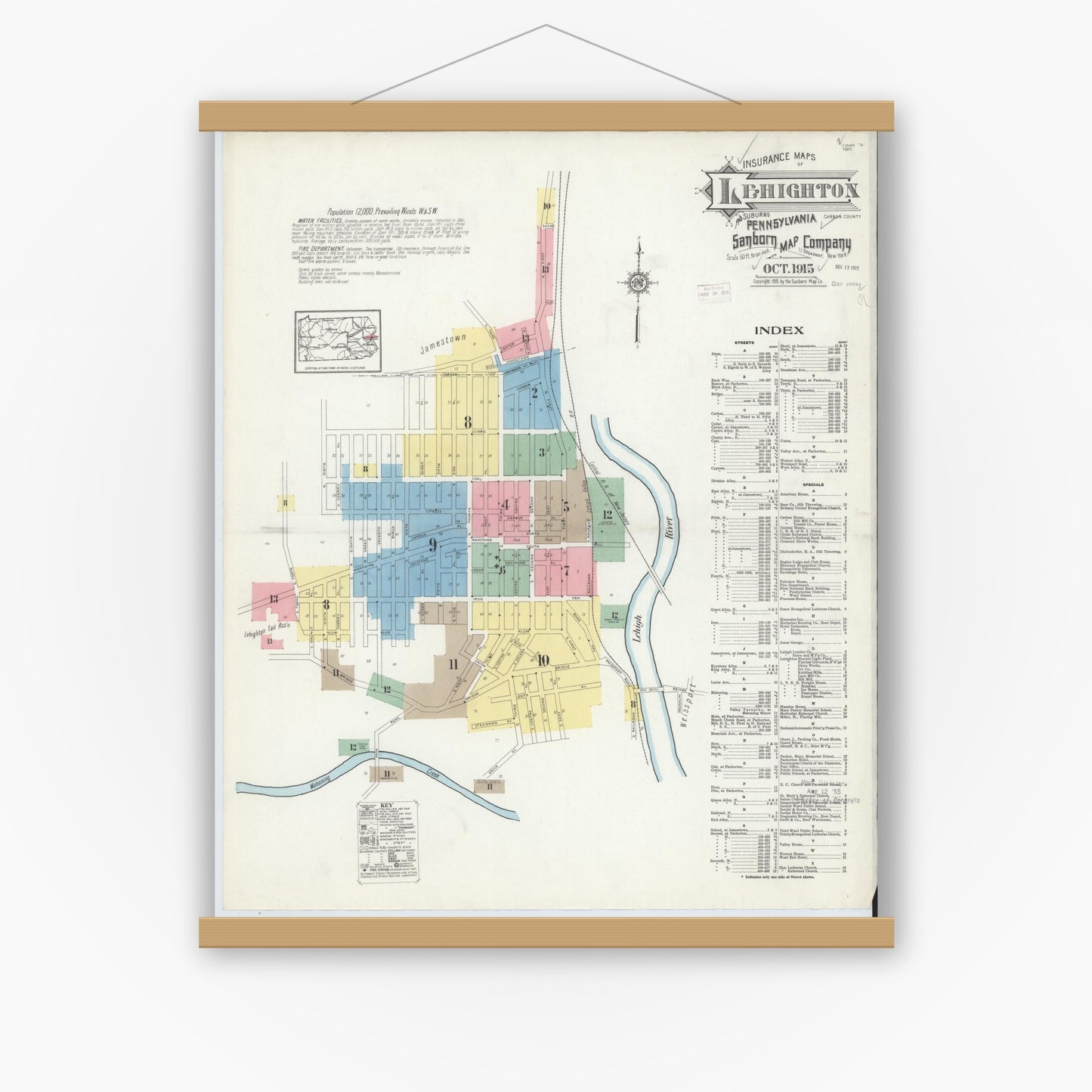 Old map wall art mockup — magnetic wood frame on white wall — Sanborn Fire Insurance Map from Lehighton, Carbon County, Pennsylvania (1915) - Complete Map Set
