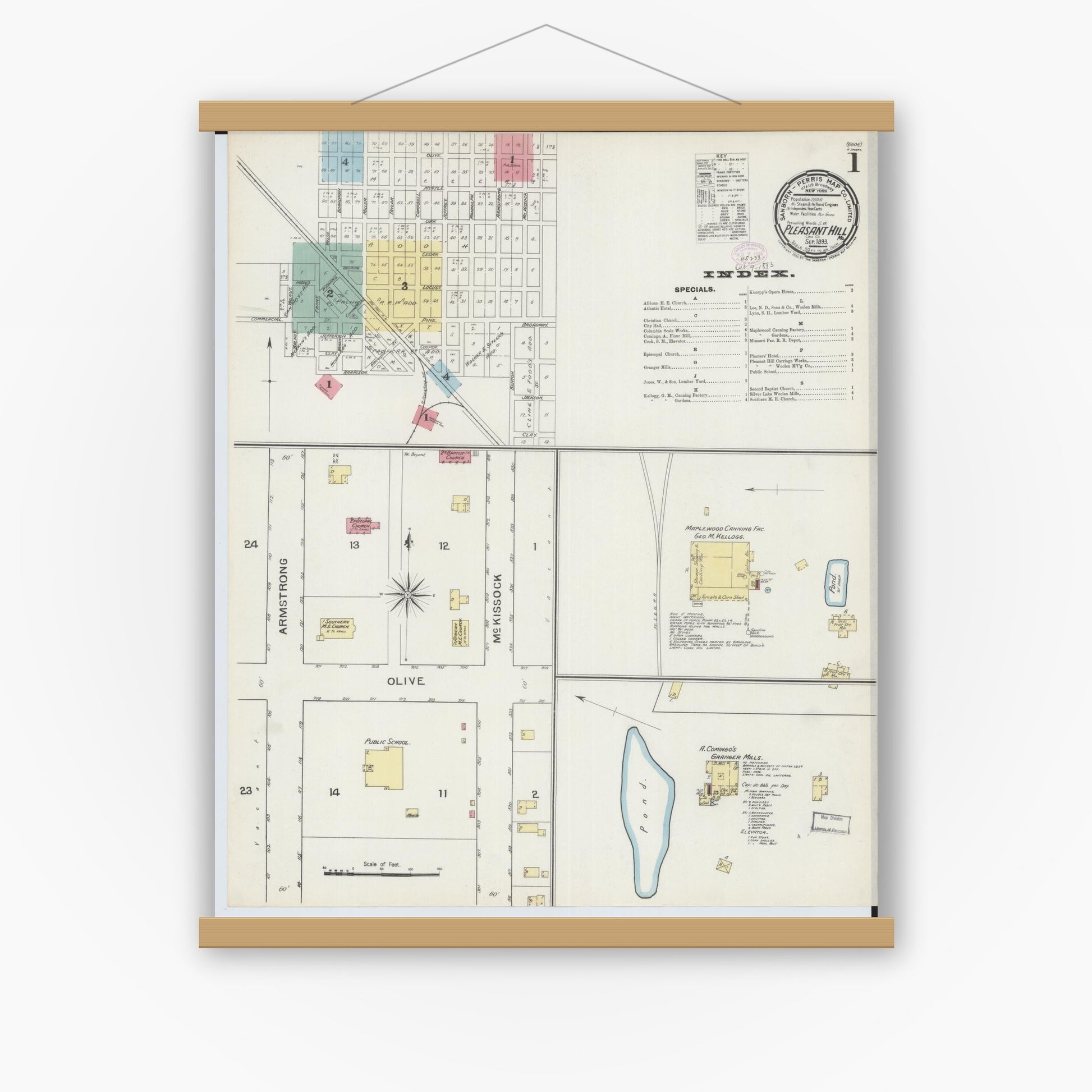 Old map wall art mockup — magnetic wood frame on white wall — Sanborn Fire Insurance Map from Pleasant Hill, Cass County, Missouri (1893) - Complete Map Set