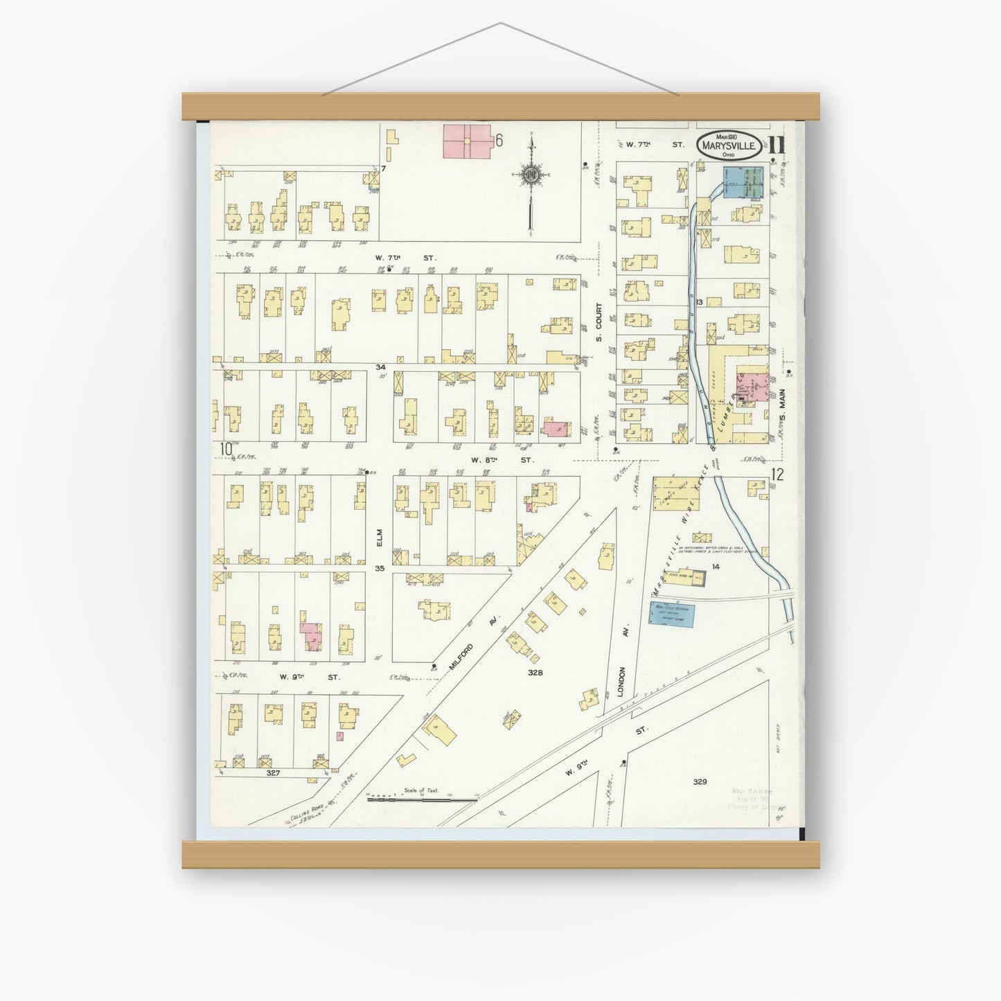 Old map wall art mockup — magnetic wood frame on white wall — Sanborn Fire Insurance Map from Marysville, Union County, Ohio (1910), Sheet #0011