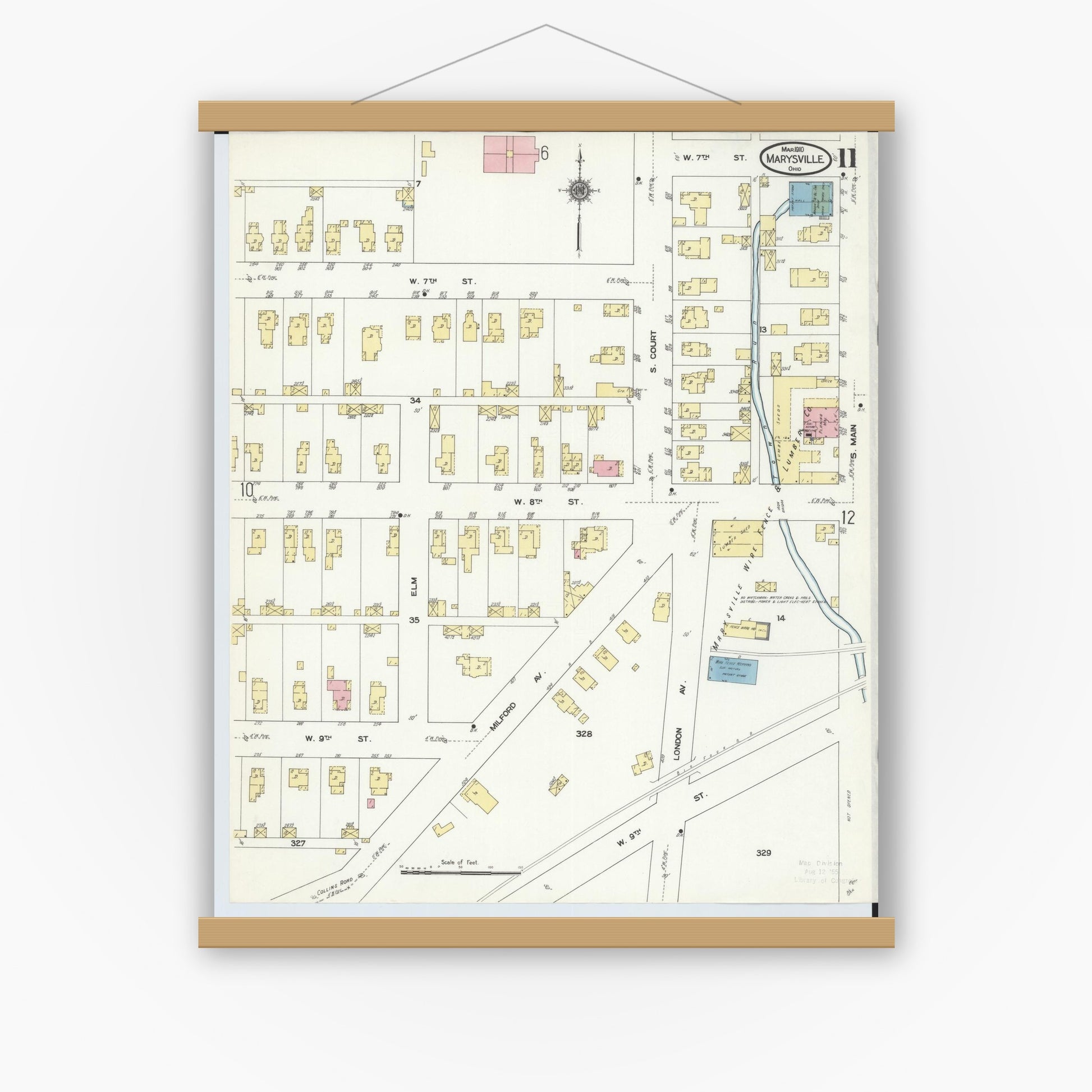 Old map wall art mockup — magnetic wood frame on white wall — Sanborn Fire Insurance Map from Marysville, Union County, Ohio (1910), Sheet #0011