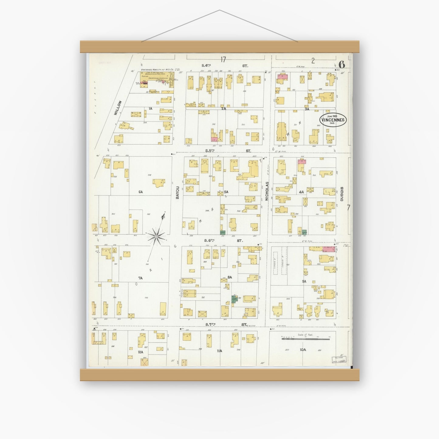 Old map wall art mockup — magnetic wood frame on white wall — Sanborn Fire Insurance Map from Vincennes, Knox County, Indiana (1902), Sheet #0006