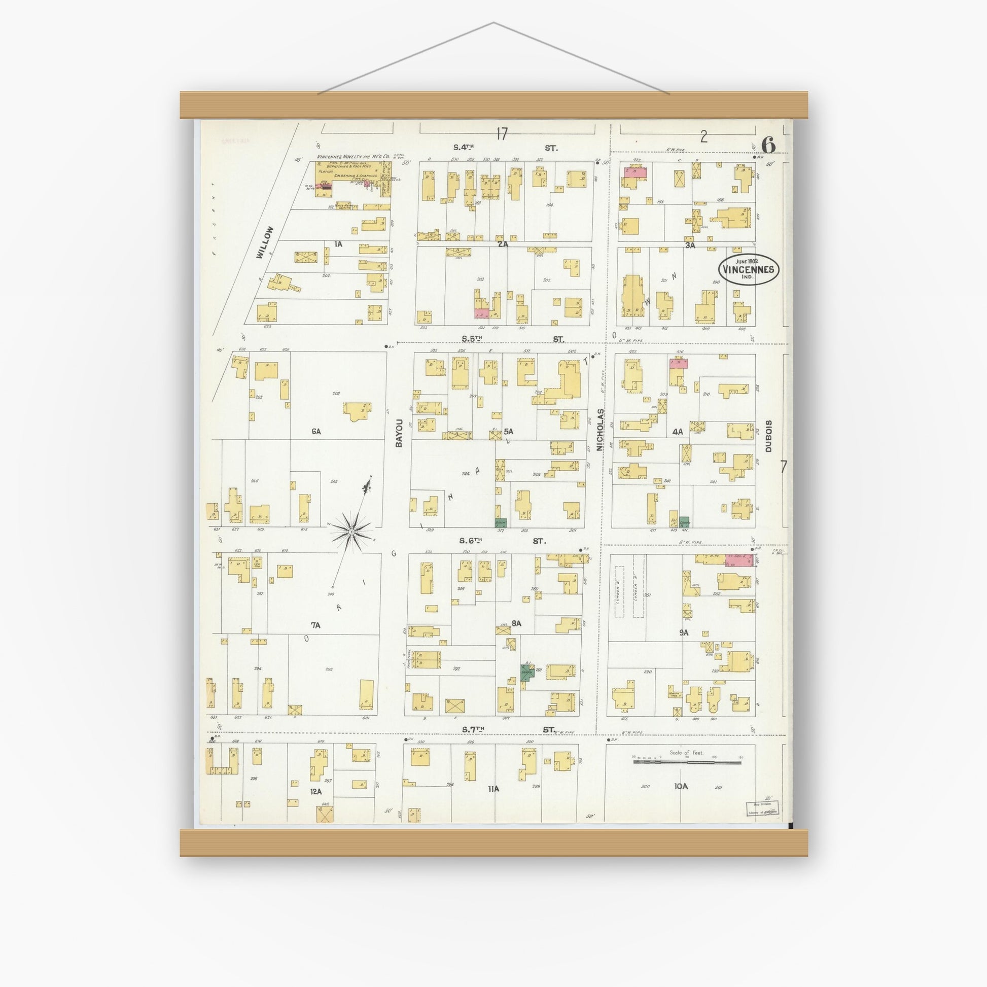 Old map wall art mockup — magnetic wood frame on white wall — Sanborn Fire Insurance Map from Vincennes, Knox County, Indiana (1902), Sheet #0006