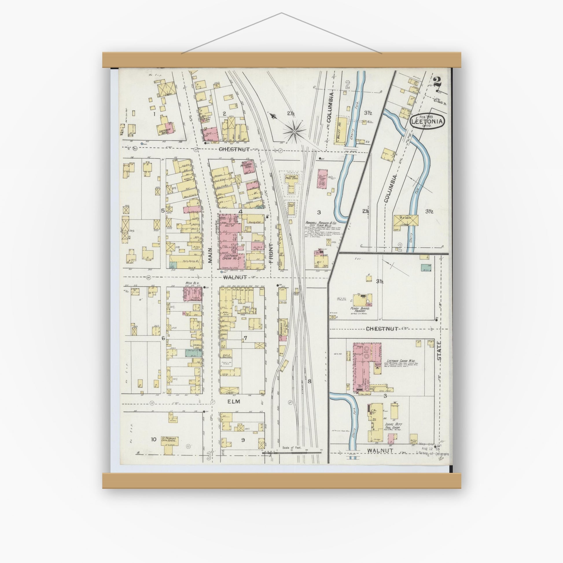 Old map wall art mockup — magnetic wood frame on white wall — Sanborn Fire Insurance Map from Leetonia, Columbiana County, Ohio (1893), Sheet #0002