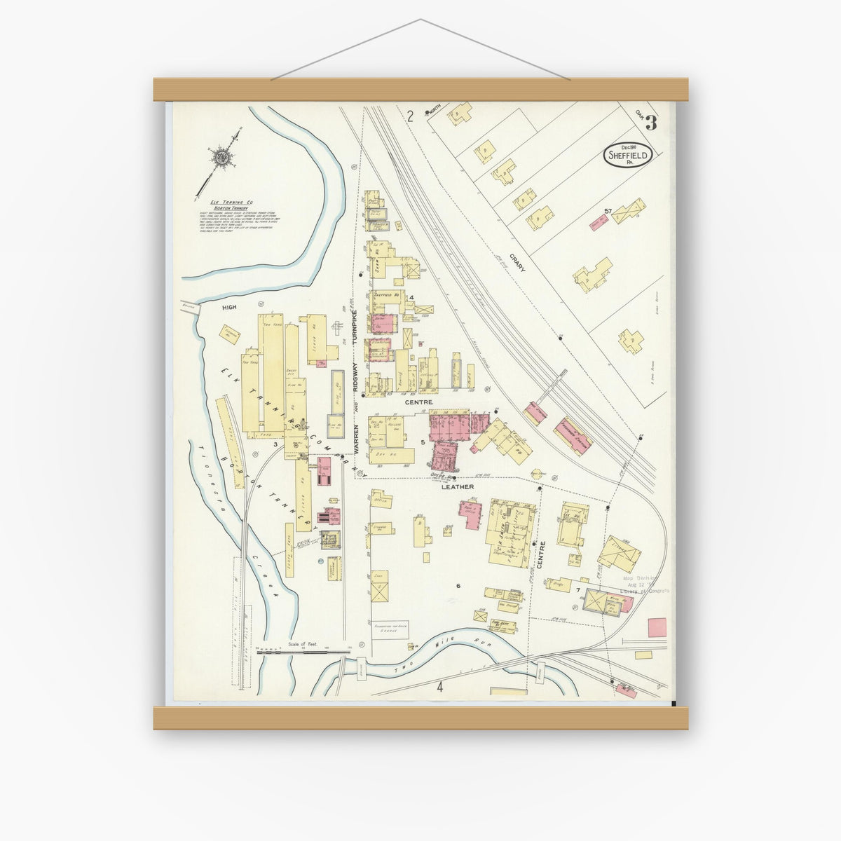 Old map wall art mockup — magnetic wood frame on white wall — Sanborn Fire Insurance Map from Sheffield, Warren County, Pennsylvania (1910), Sheet #0003