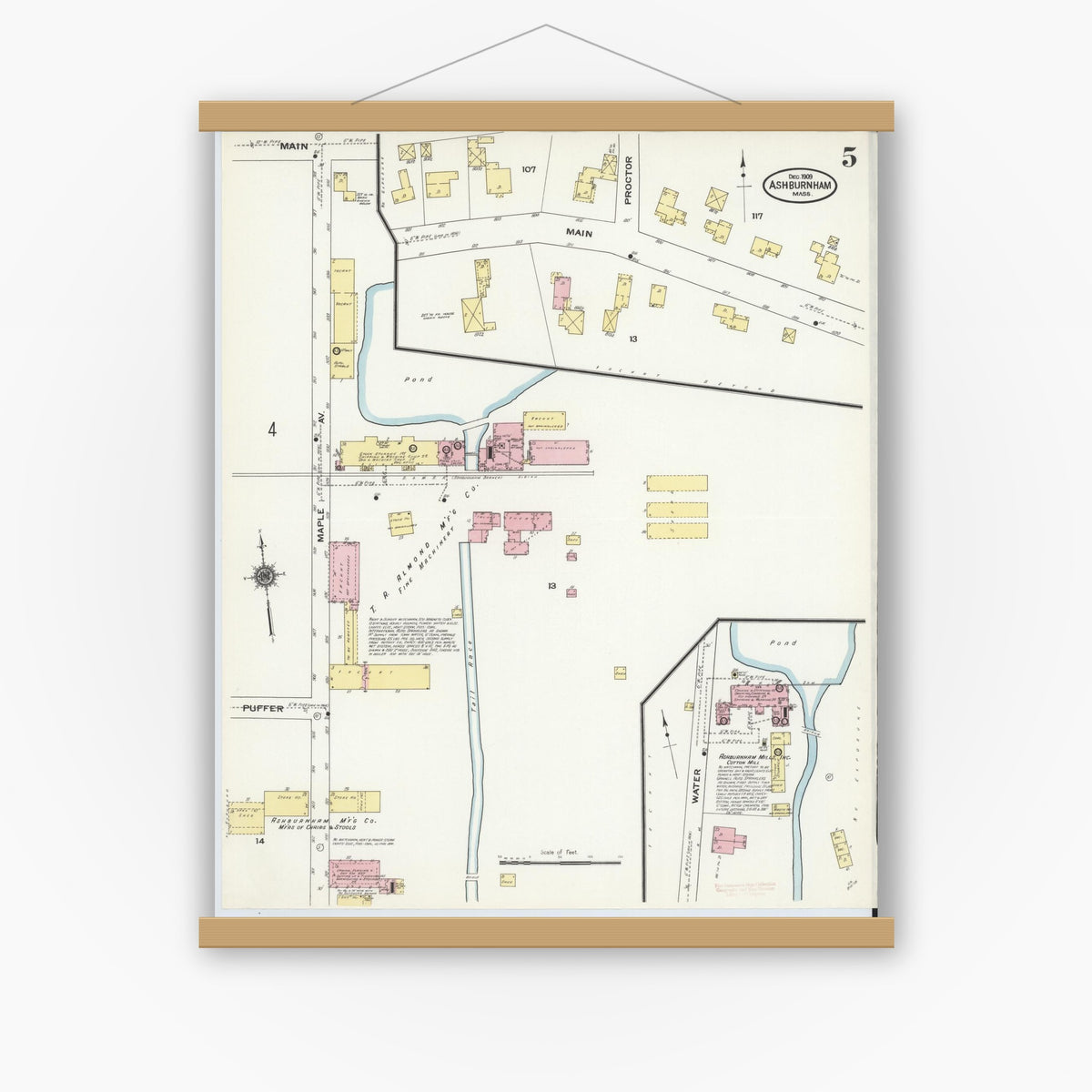 Old map wall art mockup — magnetic wood frame on white wall — Sanborn Fire Insurance Map from Ashburnham, Worcester County, Massachusetts (1909), Sheet #0005