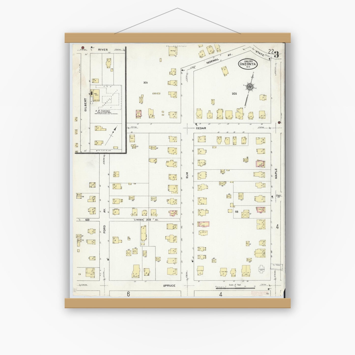 Old map wall art mockup — magnetic wood frame on white wall — Sanborn Fire Insurance Map from Oneonta, Otsego County, New York (1910), Sheet #0003