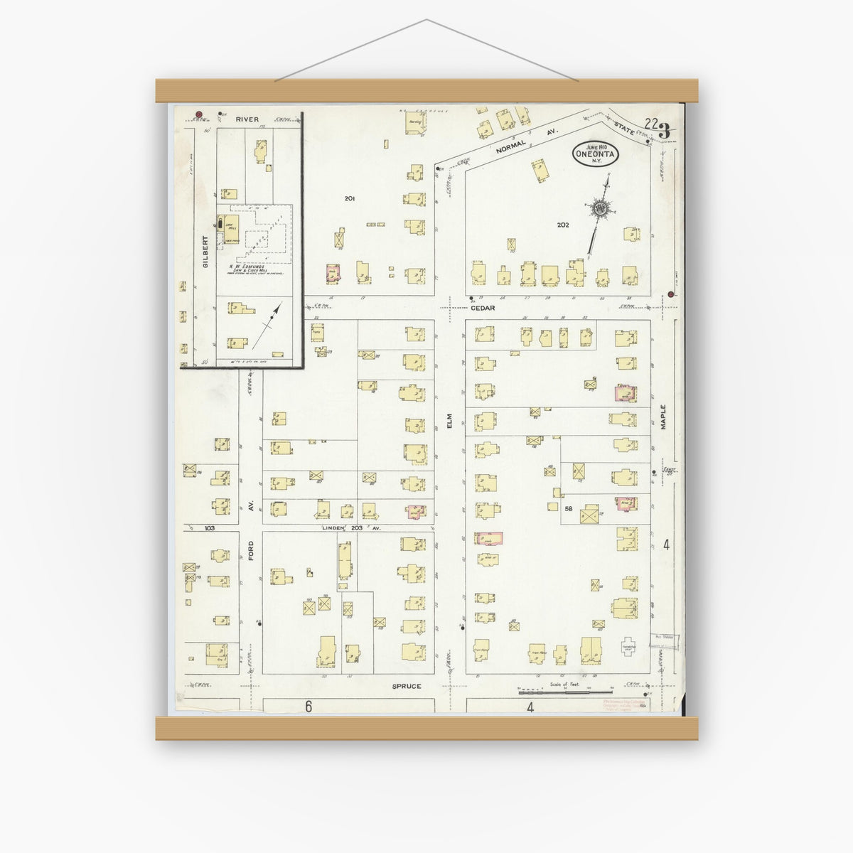 Old map wall art mockup — magnetic wood frame on white wall — Sanborn Fire Insurance Map from Oneonta, Otsego County, New York (1910), Sheet #0003