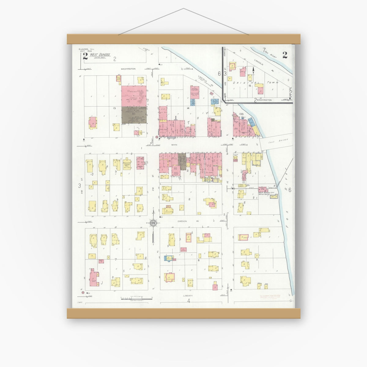 Old map wall art mockup — magnetic wood frame on white wall — Sanborn Fire Insurance Map from Dundee, Kane County, Illinois (1933), Sheet #0002