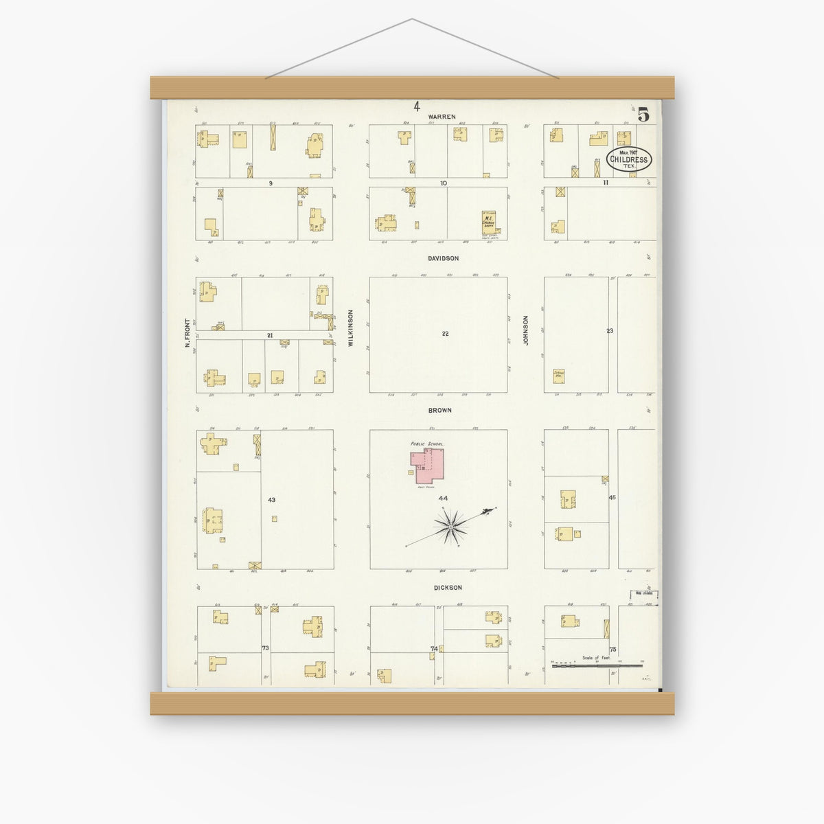 Old map wall art mockup — magnetic wood frame on white wall — Sanborn Fire Insurance Map from Childress, Childress County, Texas (1907), Sheet #0005