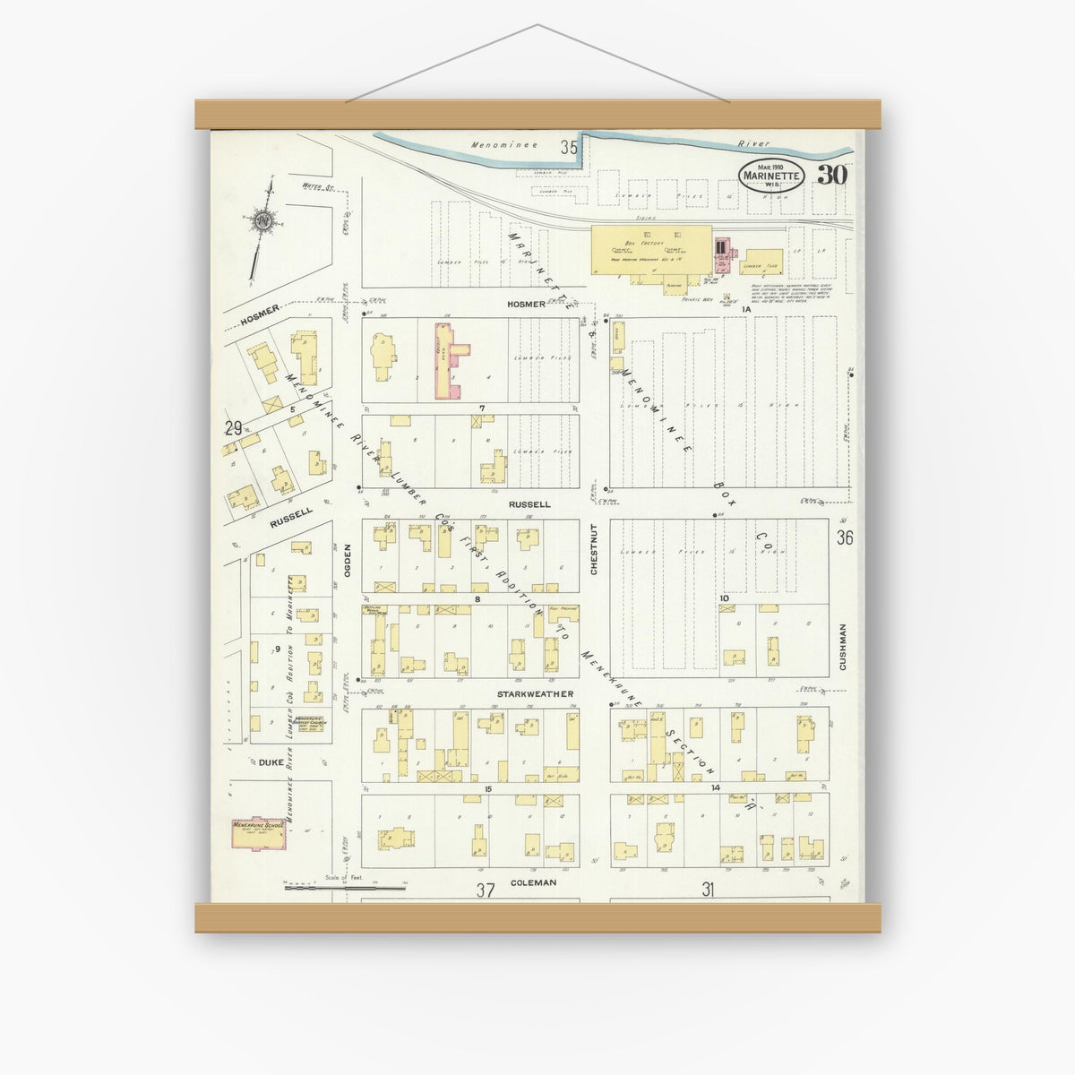 Old map wall art mockup — magnetic wood frame on white wall — Sanborn Fire Insurance Map from Marinette, Marinette County, Wisconsin (1910), Sheet #0030