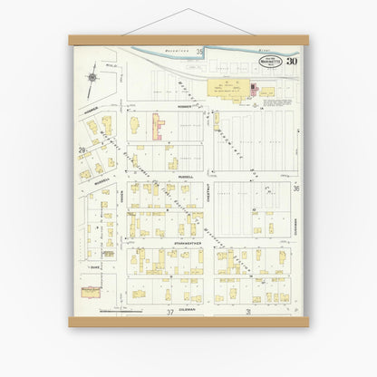 Old map wall art mockup — magnetic wood frame on white wall — Sanborn Fire Insurance Map from Marinette, Marinette County, Wisconsin (1910), Sheet #0030