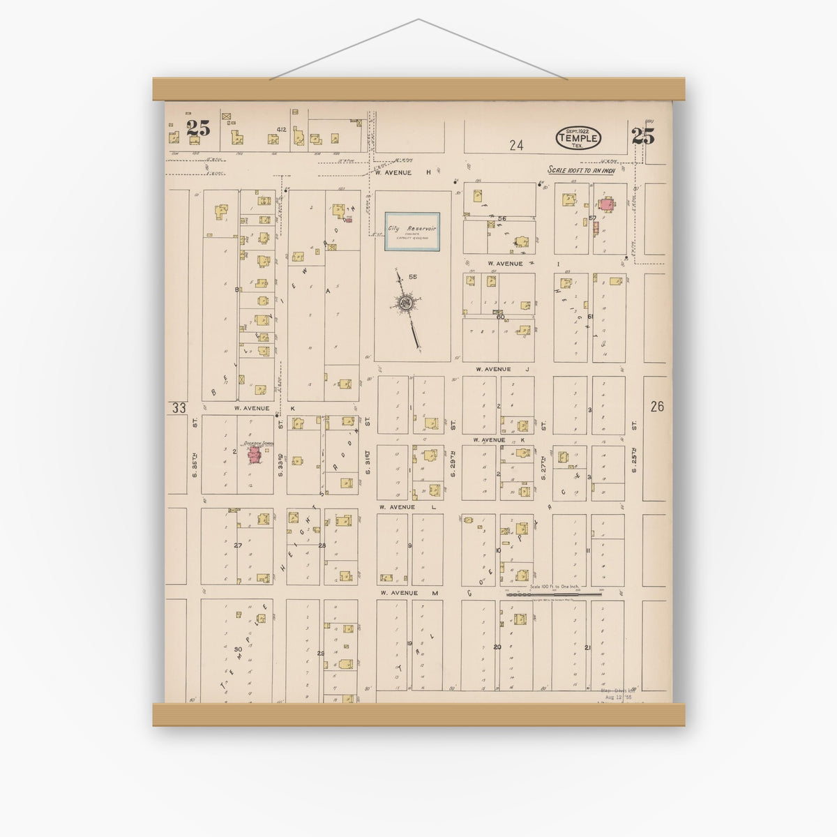 Old map wall art mockup — magnetic wood frame on white wall — Sanborn Fire Insurance Map from Temple, Bell County, Texas (1922), Sheet #0025