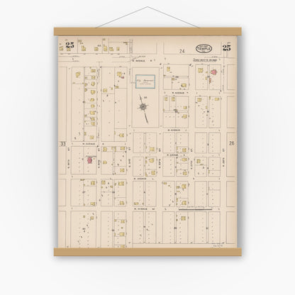 Old map wall art mockup — magnetic wood frame on white wall — Sanborn Fire Insurance Map from Temple, Bell County, Texas (1922), Sheet #0025