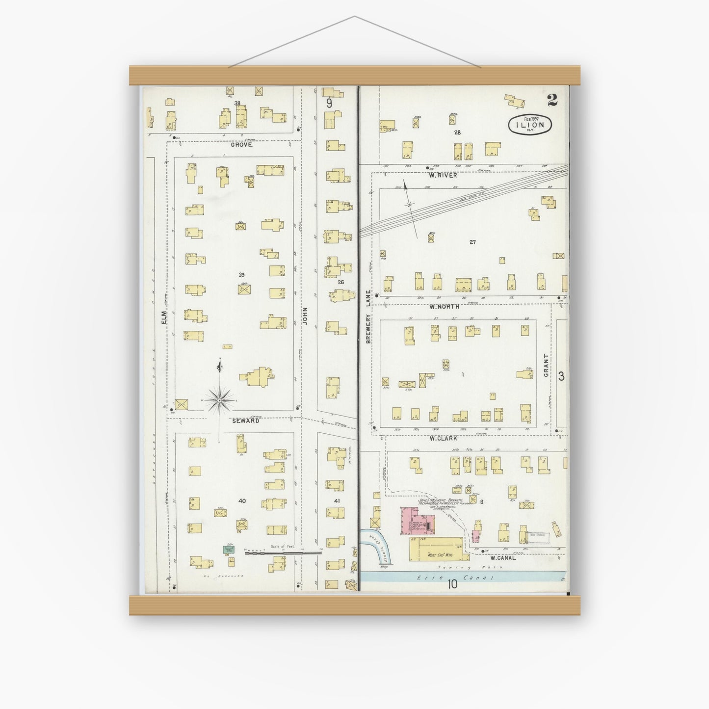 Old map wall art mockup — magnetic wood frame on white wall — Sanborn Fire Insurance Map from Ilion, Herkimer County, New York (1897), Sheet #0002