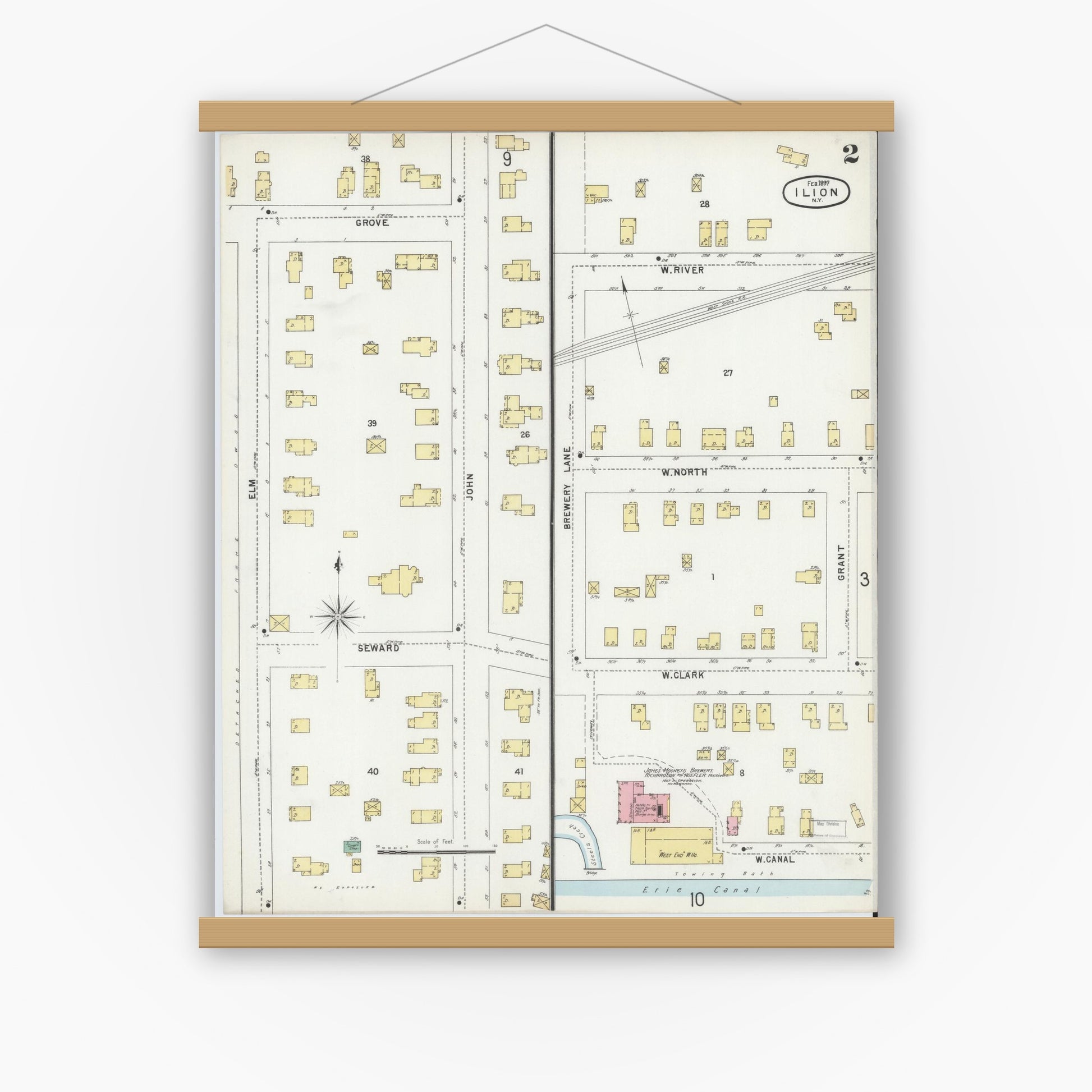 Old map wall art mockup — magnetic wood frame on white wall — Sanborn Fire Insurance Map from Ilion, Herkimer County, New York (1897), Sheet #0002