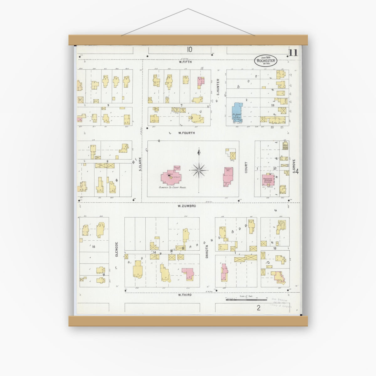 Old map wall art mockup — magnetic wood frame on white wall — Sanborn Fire Insurance Map from Rochester, Olmsted County, Minnesota (1899), Sheet #0011