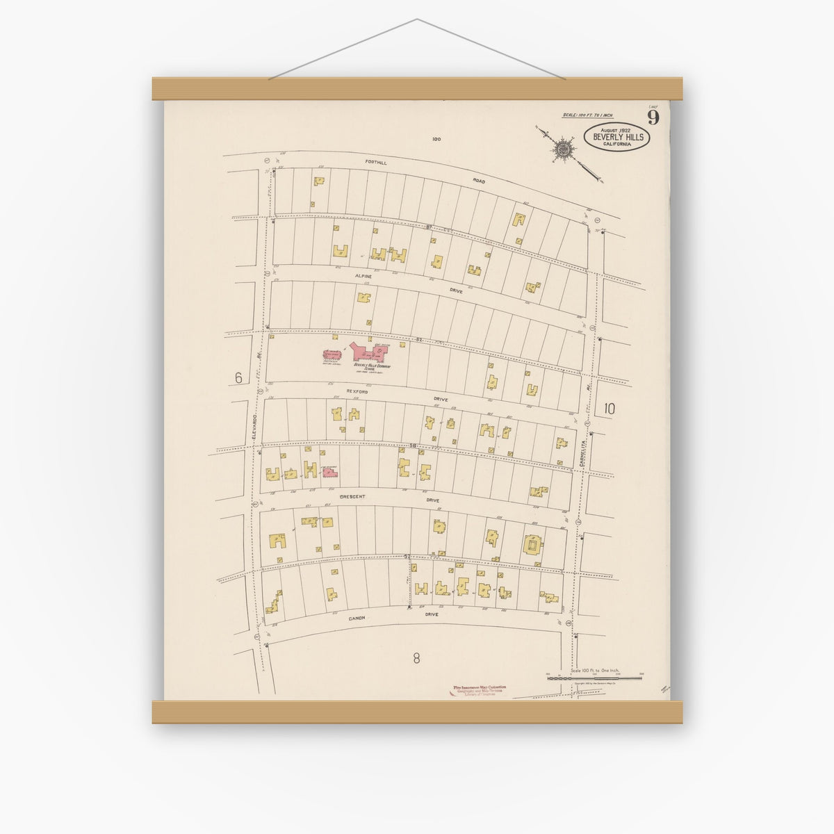 Old map wall art mockup — magnetic wood frame on white wall — Sanborn Fire Insurance Map from Beverly Hills, Los Angeles County, California (1922), Sheet #0009