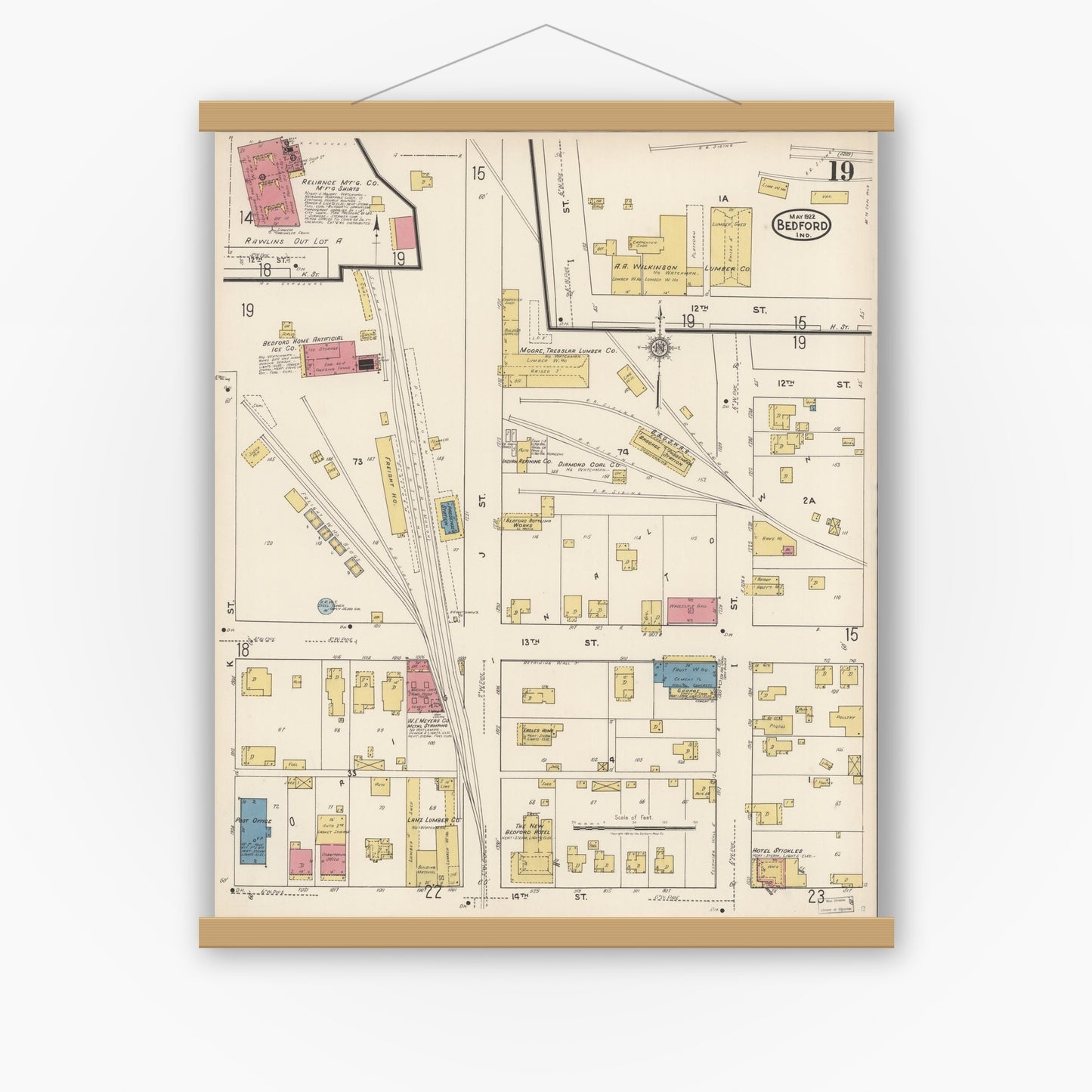 Old map wall art mockup — magnetic wood frame on white wall — Sanborn Fire Insurance Map from Bedford, Lawrence County, Indiana (1922), Sheet #0019