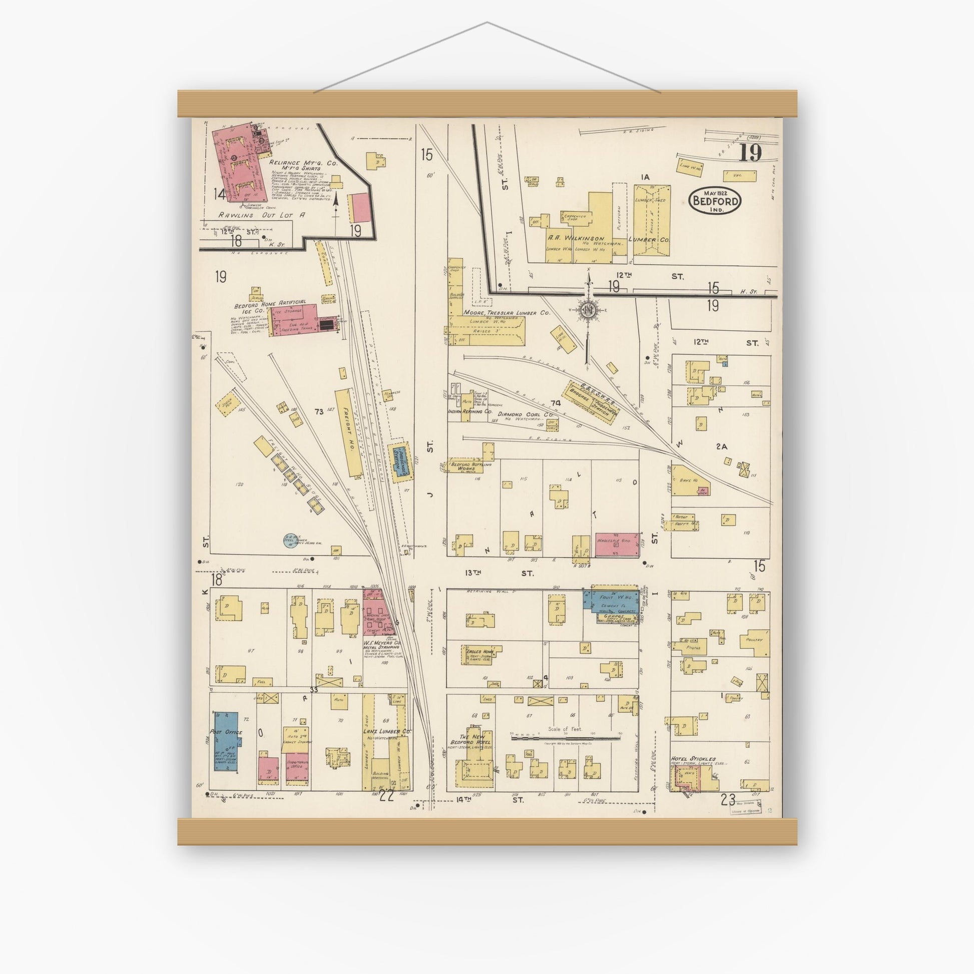 Old map wall art mockup — magnetic wood frame on white wall — Sanborn Fire Insurance Map from Bedford, Lawrence County, Indiana (1922), Sheet #0019