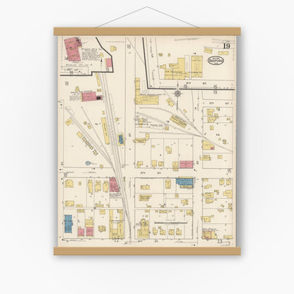 Old map wall art mockup — magnetic wood frame on white wall — Sanborn Fire Insurance Map from Bedford, Lawrence County, Indiana (1922), Sheet #0019