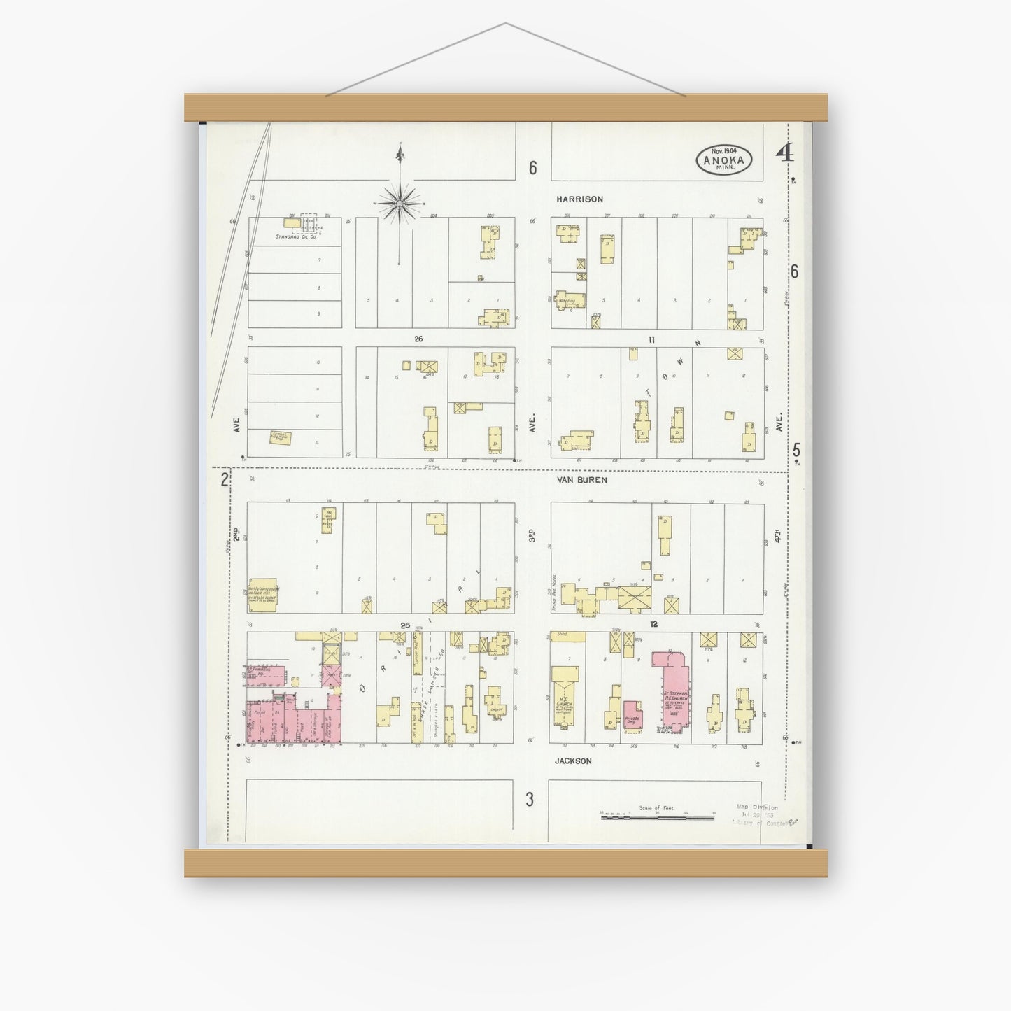 Old map wall art mockup — magnetic wood frame on white wall — Sanborn Fire Insurance Map from Anoka, Anoka County, Minnesota (1904), Sheet #0004
