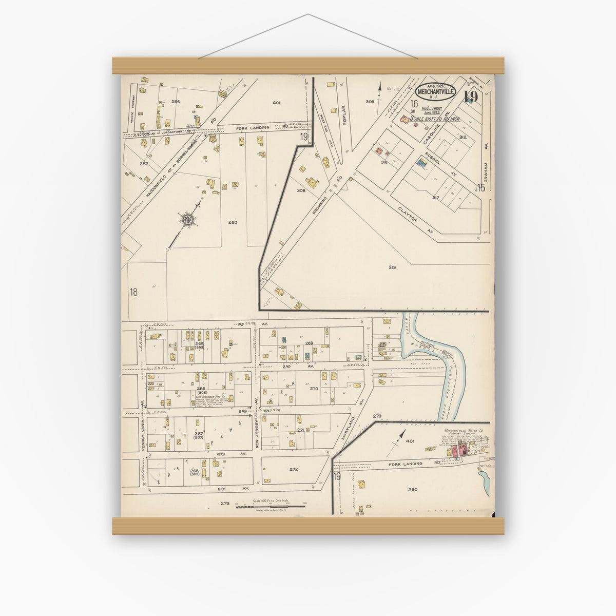 Old map wall art mockup — magnetic wood frame on white wall — Sanborn Fire Insurance Map from Merchantville, Camden County, New Jersey (1921), Sheet #0019